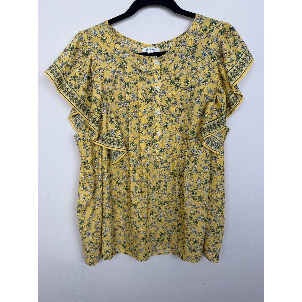 1X Yellow Floral Ruffle Sleeve Button Front Blouse Boho Cottagecore